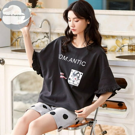 QWZNDZGR Summer Cartoon Cotton Pajamas Sets Women Pyjamas Women s Sleepwear Night suits Pijama Mujer Home Wear Women size M-2XL Nightwear