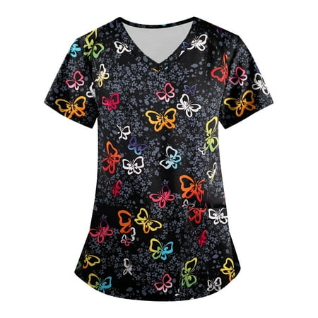 

Sksloeg Womens Scrub Tops Stretchy Cartoon Printed Top Butterfly Patterned V-Neck Workwear T-Shirts With Pockets Nursing Working Uniform Black XXL