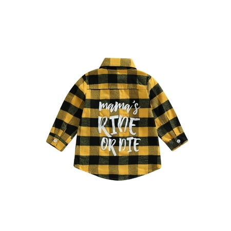 

aturustex Toddler Baby Plaid Print Tops Long Sleeve Lapel Button Closure Back Letter Pattern Blouse for Spring Autumn