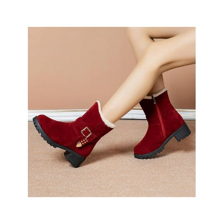 SIMANLAN Women s Mid Calf Boots Winter Warm Snow Booties Faux Suede Chunky Heels Shoes Red 7.5