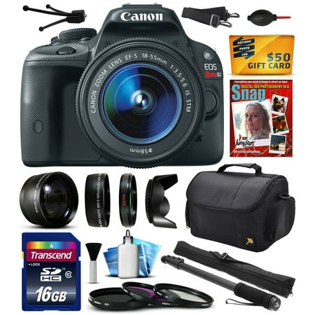 Canon EOS Rebel SL1 Digital SLR with 18-55mm STM Lens includes 16GB Memory, 2.2x Telephoto, 0.43x Wide Angle Lens, Hood, UV-CPL-FL Filters, 67\ Canon EOS Rebel SL1 Digital SLR with 18-55mm STM Lens includes 16GB Memory, 2.2x Telephoto, 0.43x Wide Angle Lens, Hood, UV-CPL-FL Filters, 67\