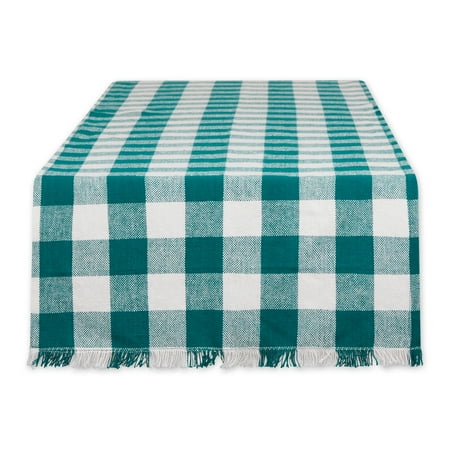 Teal Heavyweight Check Fringed Table Runner 14x72