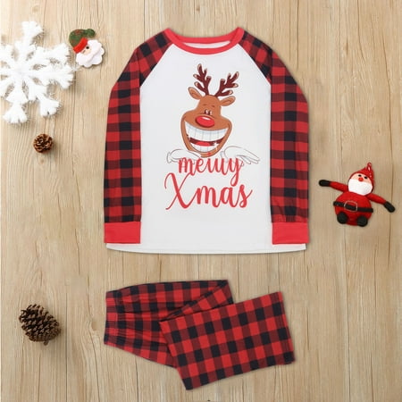 NEGJ Family Pajamas Sets Christmas Letter Deer Print Top And Plaid Pants Sleepwear For Dad