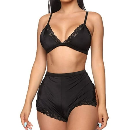 Eyicmarn Womens 2Pcs Lingerie Set Lace V-Neck Camis Crop Top and High Waist Pantie Short Sleep Pajama 
Eyicmarn Womens 2Pcs Lingerie Set Lace V-Neck Camis Crop Top and High Waist Pantie Short Sleep Pajama