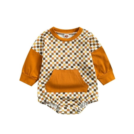 

Mubineo Boys Girls Baby Autumn Jumpsuit Checkerboard Print Long Sleeve Round Neck Contrast Color Romper with Pocket