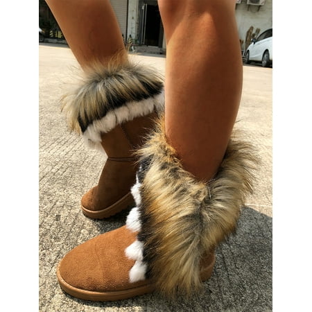 ROASO Women s Gradient Plush Decor Booties Brown