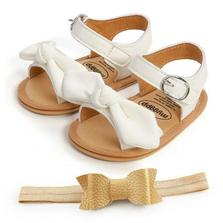 Infant Baby Girls Sandals Casual Bowknot Beach Shoes PU Leahter Newborn Toddler Prewalker First Walking Shoes with Headband 0-18M