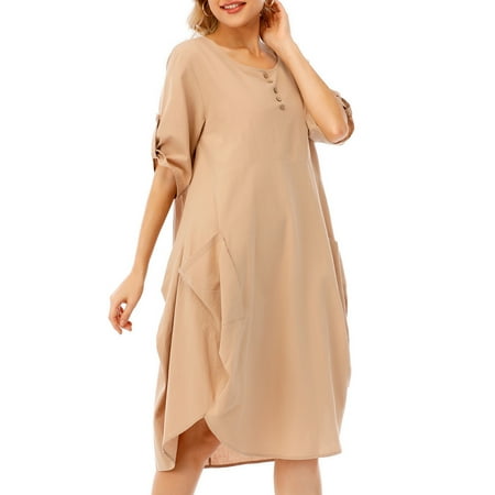 OWSOO Women Tunic Dress Roll-up Short Sleeve Comfortable Cotton Pockets Irregular Hem Solid Baggy Midi Dress
OWSOO Women Tunic Dress Roll-up Short Sleeve Comfortable Cotton Pockets Irregular Hem Solid Baggy Midi Dress