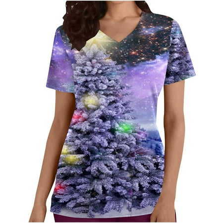 Scrub Tops Women Christmas V-Neck Short Sleeve Working Uniform Blouses Xmas Tree Printed Loose Comfy Scrub Shirt
