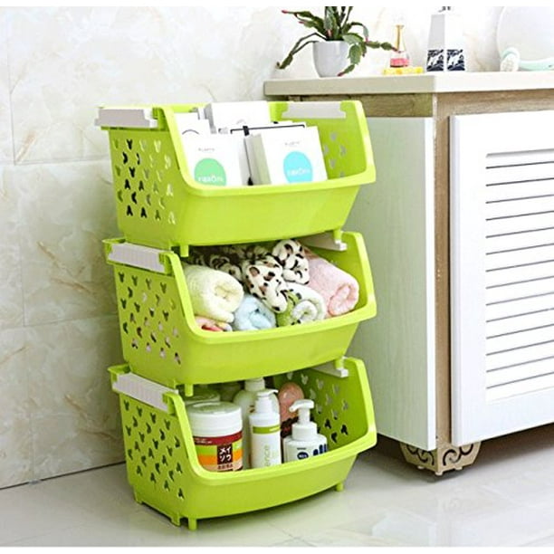 Magshion Bath Kitchen Plastic Storage Shelf Baskets Bins Tote Boxes Set Of 3 Green