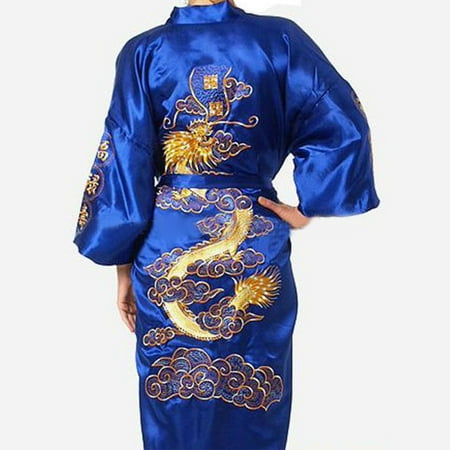 Men s Chinese Style Big Dragon Embroidery Simulation Silk Bathrobe Pajamas