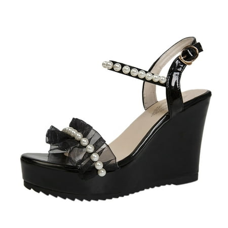 TOYFUNNY Womens Wedge Open Toe Pearl Sandals