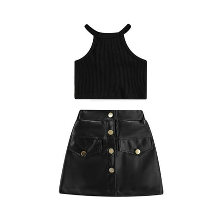 Suanret Toddler Kids Girls 2Pcs Summer Outfits Sleeveless Ribbed Knit Vest Tops + Faux Leather Skirt Clothes Set Black 18-24 Months
Suanret Toddler Kids Girls 2Pcs Summer Outfits Sleeveless Ribbed Knit Vest Tops + Faux Leather Skirt Clothes Set Black 18-24 Months