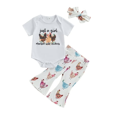 Bslissey Baby Girls Summer 3Pcs Outfits Cartoon Chicken Print Short Sleeve Romper + Bell Bottoms + Headband 3M 6M 12M 18M Infant Casual Long Pants Sets
Bslissey Baby Girls Summer 3Pcs Outfits Cartoon Chicken Print Short Sleeve Romper + Bell Bottoms + Headband 3M 6M 12M 18M Infant Casual Long Pants Sets