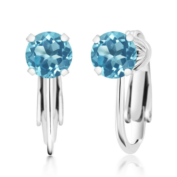 925 Sterling Silver Swiss Blue Topaz Clip On Earrings 2.00 Ct Round 6MM