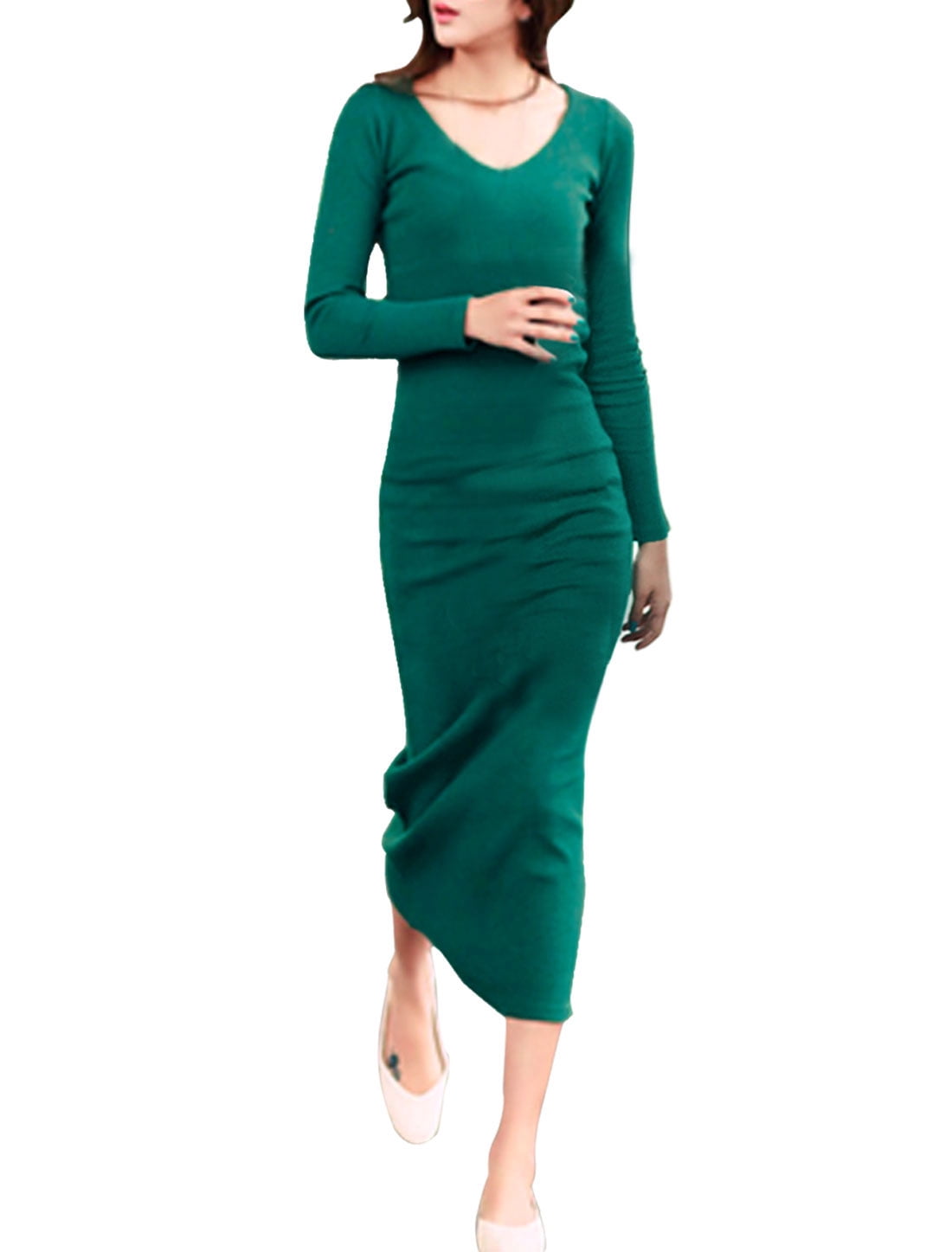 Women Scoop Neck Long Sleeves Slim Fit Midi Dress Dark Green S
