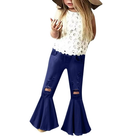 

koaiezne Bottom Toddler Baby Ruffles Denim Jeans For Kids Girls Flare Pants Ripped Trousers Bell 16Y Girls Pants Skate Pants Girls Girls Formal Shirt And Pants for Girls
