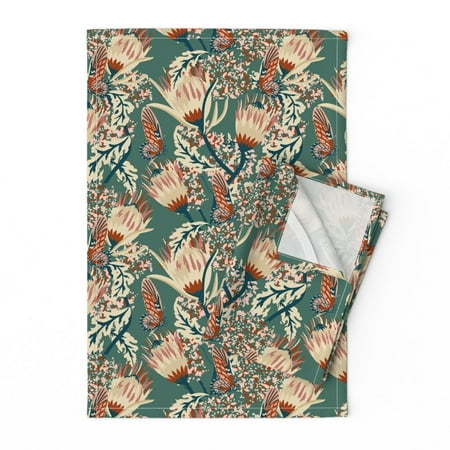 

Printed Tea Towel Linen Cotton Canvas - Butterfly Bouquet Protea Nature Botanical Garden Print Decorative Kitchen Towel by Spoonflower