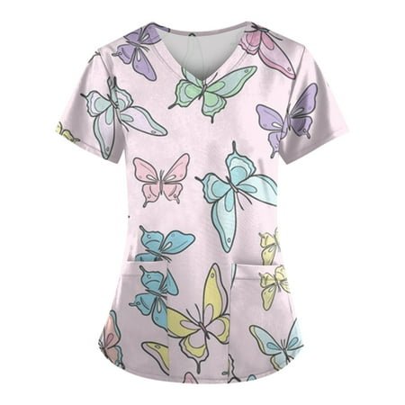 TKing Fashion Womens Scrubs Plus Size Loose Short Sleeve Printed Tops Summer V Neck Pocket Work Uniform Shirts Pink M
TKing Fashion Womens Scrubs Plus Size Loose Short Sleeve Printed Tops Summer V Neck Pocket Work Uniform Shirts Pink M