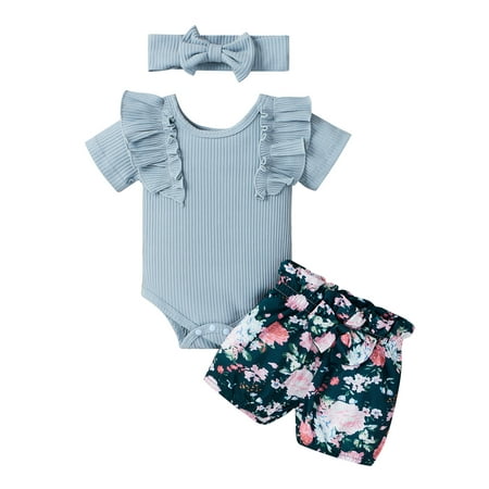 Meihuid Baby Girl Romper Outfit Ruffle Ribbed Bodysuit Jumpsuit Floral Shorts Headband