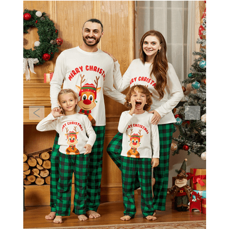 

Christmas Pajamas for Family Letter Elk Print O-Neck Long Sleeve Tops+ Plaid Long Pants for Parents Kids