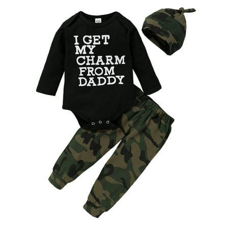 Newborn Baby Boy Clothes Baby Boy Outfits Long Sleeve Letter Print Round Neckline Romper Top Camouflage Pants Hat 3PCS Clothing Set Black 3-6 Months
Newborn Baby Boy Clothes Baby Boy Outfits Long Sleeve Letter Print Round Neckline Romper Top Camouflage Pants Hat 3PCS Clothing Set Black 3-6 Months