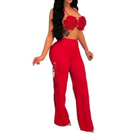 Women Two Piece Set Halter Neck Ruffle Bra Solid Color Tops Matching Side Split Tie Up Bandage Elastic Waist Pants
Women Two Piece Set Halter Neck Ruffle Bra Solid Color Tops Matching Side Split Tie Up Bandage Elastic Waist Pants