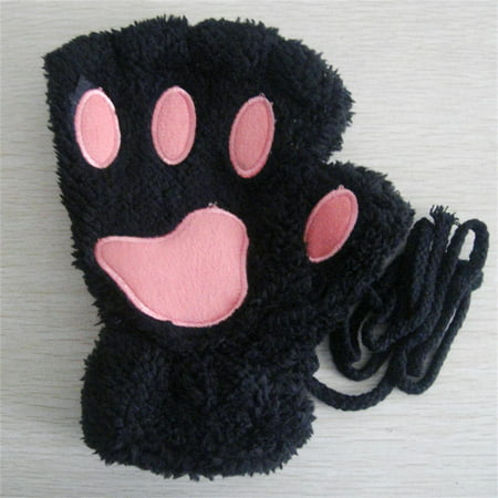 

YEAHOO Cute Cat Paw Fluffy Claw Fingerless Gloves Warm Soft Plush Fingerless Panda Glove Half Finger Women Winter Wear Christmas Gifts(Black)
