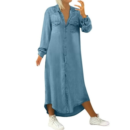 Women s Dress Shoes Solid V Pocket Dress Long Long Button Loose Denim Casual Women Sleeve Dress Neck Women s Casual Dress
Women s Dress Shoes Solid V Pocket Dress Long Long Button Loose Denim Casual Women Sleeve Dress Neck Women s Casual Dress