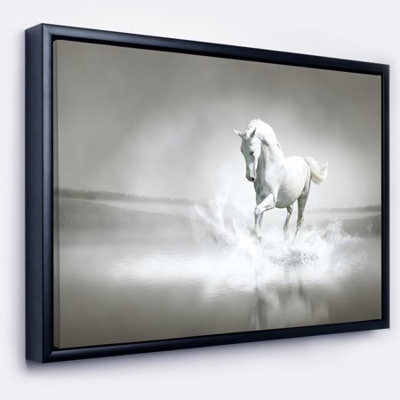 DESIGN ART Designart 'White Horse Running in Water' Animal Framed Canvas Art Print