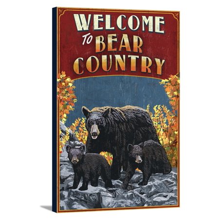Welcome to Black Bear Country - Vintage Sign - Lantern Press Artwork (12x18 Gallery Wrapped Stretched Canvas)