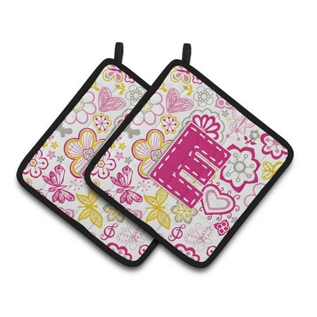 Letter E Flowers and Butterflies Pink Pair of Pot Holders