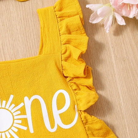 

Vedolay Tank Bodysuit For Girl Girl s Floral Print V Neck Belted Cami Romper Ruffle Trim Wide Leg Shorts Jumpsuit Yellow 6-12 Months