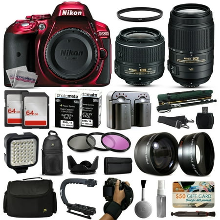 Nikon D5300 Red DSLR Digital Camera + 18-55mm VR II + 55-300mm VR Lens + 128GB Memory + 2 Batteries + Charger + LED Video Light + Backpack + Case + Filters + Auxiliary Lenses + $50 Gift Card + More!