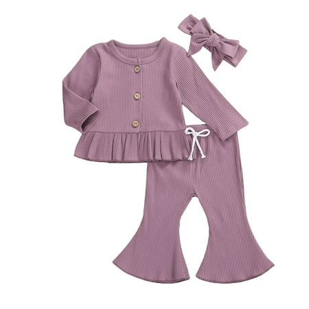 Kiapeise Baby Toddler Girls 3 Pcs Knit Outfits Long Sleeve Buttons Round Neck Ruffle Top + Long Flared Pant + Headband
Kiapeise Baby Toddler Girls 3 Pcs Knit Outfits Long Sleeve Buttons Round Neck Ruffle Top + Long Flared Pant + Headband