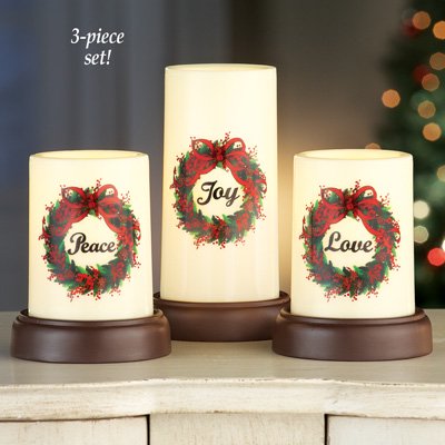 Wreath Flameless Holiday Pillar Candles - Set of 3