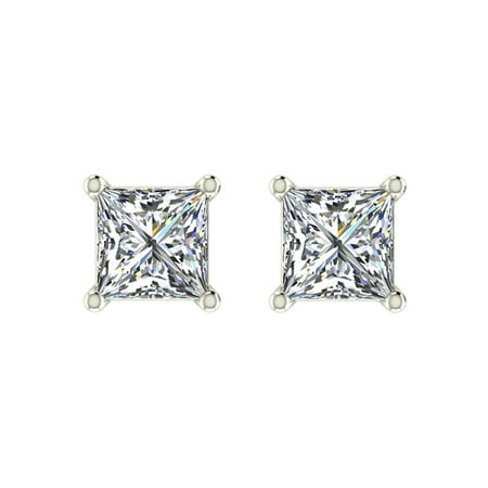 1/2 ct tw G SI Natural Princess Cut Diamond Stud Earrings 14K White Gold Screw Back