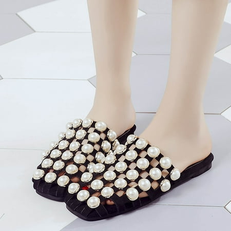 VKEKIEO Round Toe House Slippers Flat Heel Wedge Black