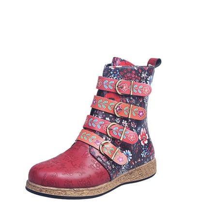 Yoslce Womens Boots Vintage Red Boots Large Printed European And American Style Leather Boots Red 38
Yoslce Womens Boots Vintage Red Boots Large Printed European And American Style Leather Boots Red 38