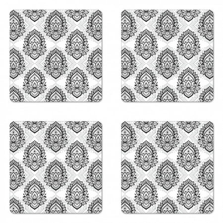 

Ethnic Coaster Set of 4 Ethnic Oriental Style Depiction of Lotus Flower in Mandala Pattern Square Hardboard Gloss Coasters Standard Size White and Charcoal Grey by Ambesonne