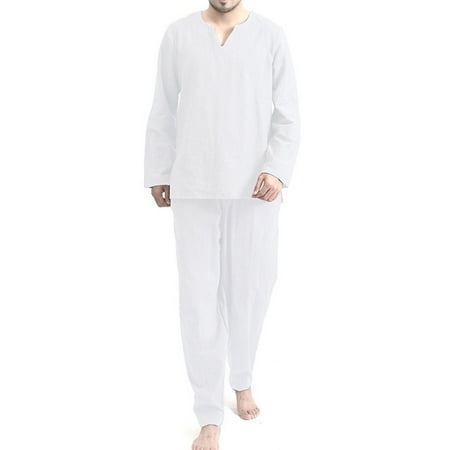 Men Plain Casual Loose Shirt Beach Long Sleeve Tops Pants Pajamas Homewear Set