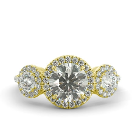 2.45 ct Round Brilliant Moissanite & Diamond Engagement Ring 3 Stone 14kYellowGold