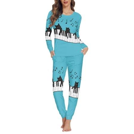 

Renewold Long Sleeve Pajamas for Women Piano Cats Print Sweatpants Soft Loose Fitting Pajamas Sets Indoor Yoga Casual Shirts Size 6XL