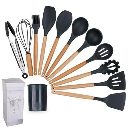 Black 12-piece set of silica gel and wooden cooking utensils heat-resistant | kitchen utensils with wooden handle and bracket easy to clean pliers scraper blender spoon brush etc. (black)
Black 12-piece set of silica gel and wooden cooking utensils heat-resistant | kitchen utensils with wooden handle and bracket easy to clean pliers scraper blender spoon brush etc. (black)