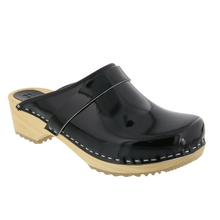 BJORK Maja Open Back Wood Leather Clogs (Black Patent - EU37)