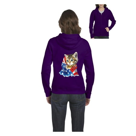 Cute Kitty with American Flag Women Full-Zip Hooded Sweatshirt