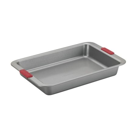Cake Boss Basics Nonstick Bakeware 9-Inch x 13-Inch Cake Pan, Light Gray with Red Silicone Grips