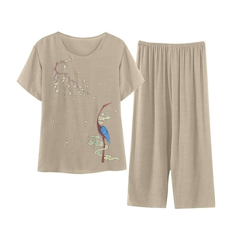 Ladies Cotton Linen Short Sleeve Printed Blouse Capri Pants 2PCS Suit Nightwear Sleepwear Night-clothes Pajamas Nighty
Ladies Cotton Linen Short Sleeve Printed Blouse Capri Pants 2PCS Suit Nightwear Sleepwear Night-clothes Pajamas Nighty