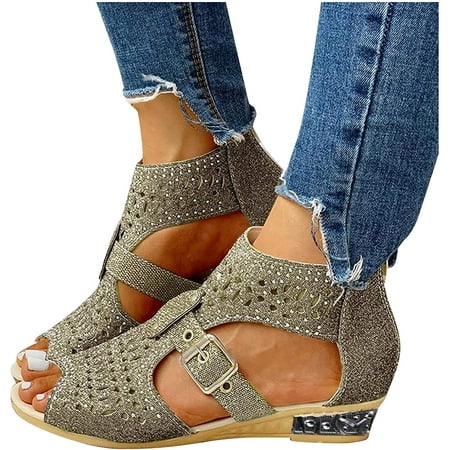 

Sandals for Women Casual Summer Women s Rhinestones Cutout Zip Up Sandals Open Toe Flat Gladiator Slides Sandals