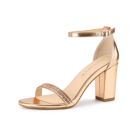 Allegra K Women s Sandals Block Heels Solid Rhinestone Ankle Strap Sandals